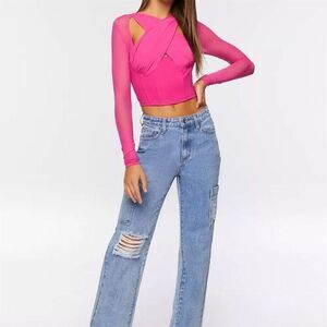 Forever 21 Women's Hot Pink Crisscross Long Sleeve Crop Top Size M